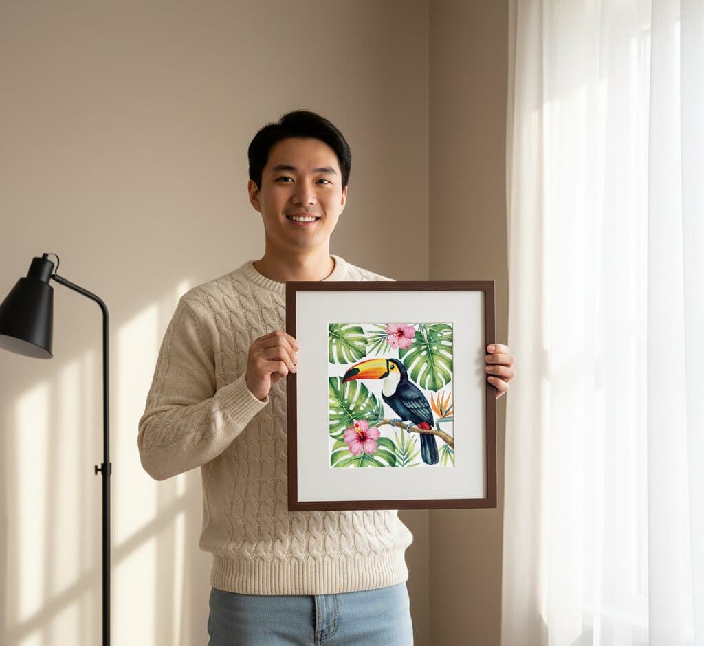 Smiling man in cream cable-knit sweater holds Mahogany Picture Frame with white mat displaying vibrant tropical watercolor botanical illustration featuring exotic toucan with bright orange and yellow beak perched among lush emerald monstera leaves, delicate pink hibiscus flowers, orange bird of paradise blooms, and feathery palm fronds in soft natural window lighting with modern black desk lamp demonstrating elegant picture framing for colorful tropical wildlife art and botanical illustrations with warm espresso wood grain finish