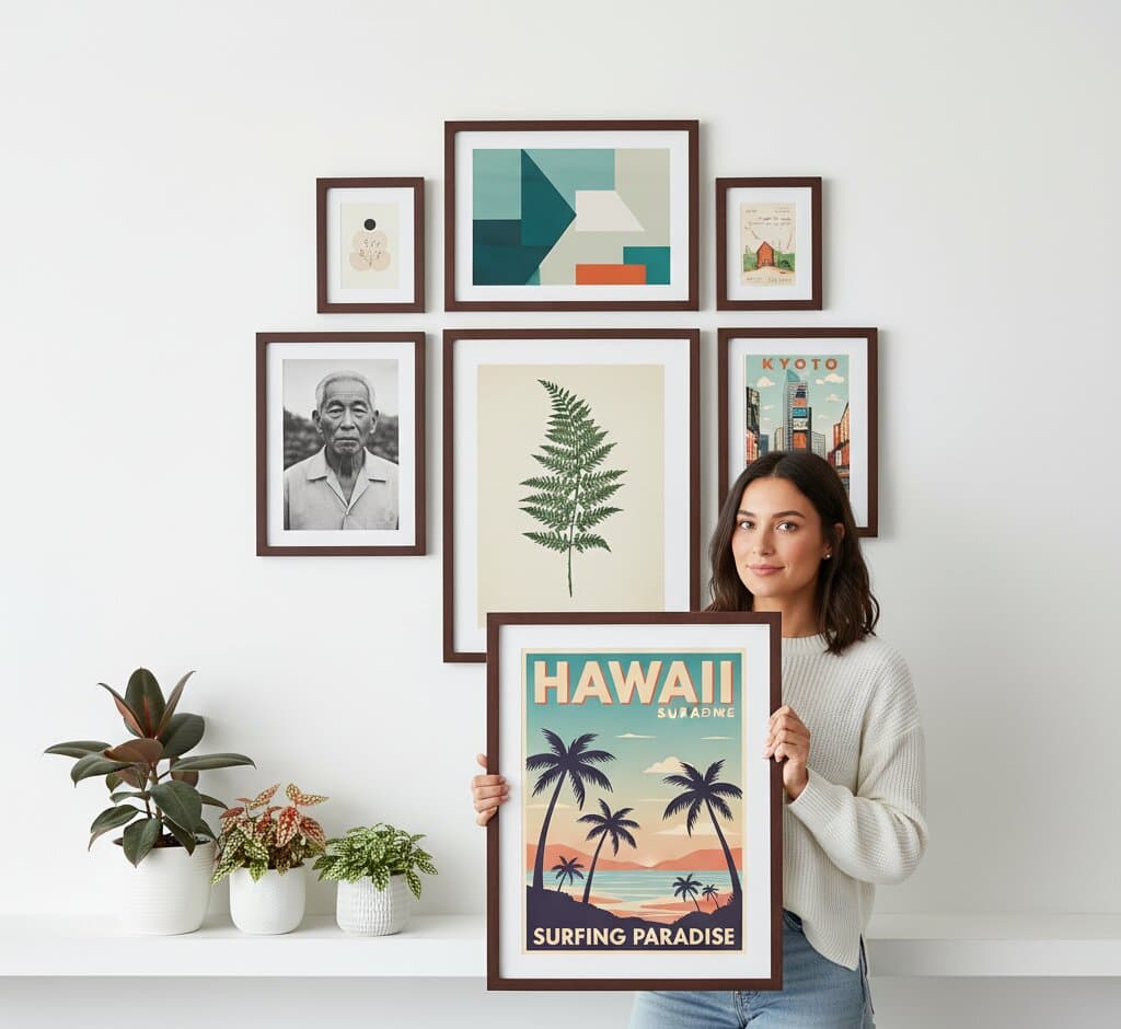 Woman in white cable-knit sweater holding large Mahogany Picture Frame with white mat displaying vintage Hawaii Surfing Paradise retro travel poster featuring navy palm tree silhouettes against peach and turquoise ocean sunset with golden sun and mountain ridges in front of asymmetric gallery wall featuring teal and pink watercolor abstracts with gold accents, delicate fern botanical illustrations, geometric triangle art, vintage Kyoto city poster with pagoda towers, black and white family portrait, and red barn countryside sketch with white potted plants demonstrating versatile traditional wood framing for retro travel posters and diverse gallery wall collections