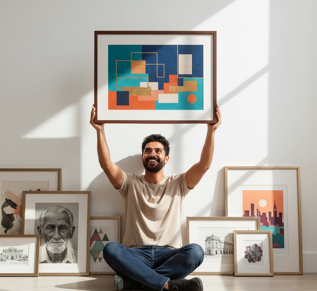 Joyful man sitting cross-legged on floor holds Mahogany Picture Frame overhead displaying modern geometric abstract art with navy blue, terracotta orange, golden yellow, and turquoise rectangles outlined in shimmering gold leaf surrounded by diverse art collection leaning against wall including monochrome elderly portrait photography, geometric triangle mountain prints, vintage European architectural sketches, minimalist cityscape silhouettes, and succulent botanical illustration in bright contemporary room with dramatic diagonal sunlight demonstrating rich espresso wood picture frame styling for contemporary geometric artwork and eclectic personal art collections