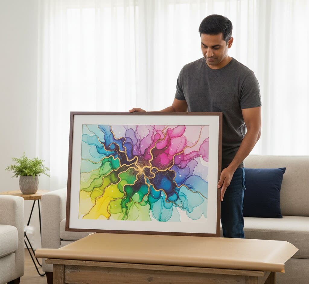 Man in charcoal gray t-shirt examining large Mahogany Picture Frame with generous white mat displaying spectacular alcohol ink abstract art featuring full rainbow spectrum from sunshine yellow through lime green, emerald, turquoise, cobalt blue, violet, hot pink, and magenta with organic fluid shapes and shimmering gold metallic veining on soft white background in bright minimalist living room with beige sofa and navy pillows demonstrating professional picture framing for contemporary fluid art and vibrant abstract paintings with classic espresso wood finish