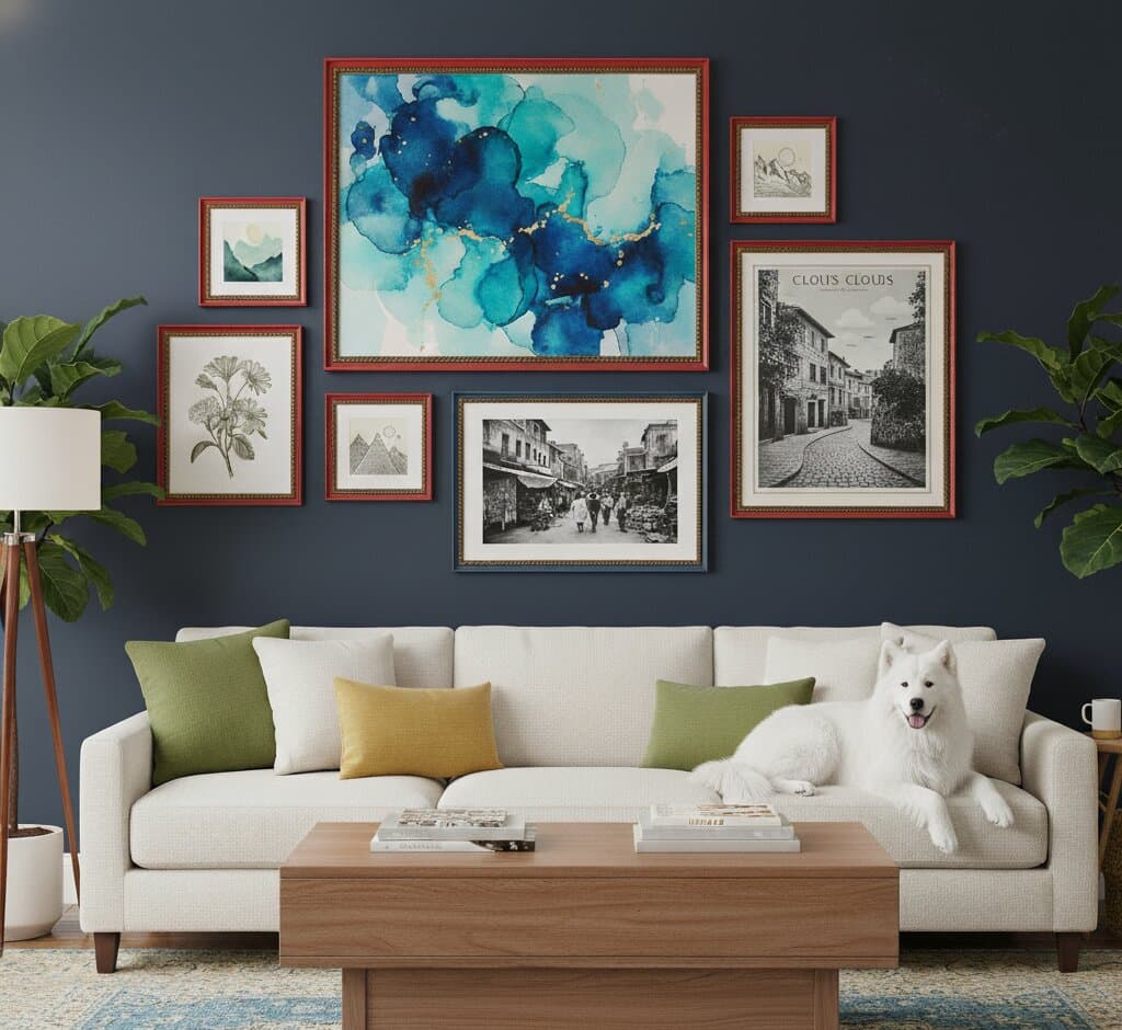 Sophisticated asymmetric gallery wall on dramatic charcoal navy accent wall featuring seven Mahogany Picture Frame with large alcohol ink watercolor abstract centerpiece in turquoise, cobalt blue, and emerald with gold metallic accents, vintage black and white European cobblestone street photography, monochrome Clous Clous city poster, delicate botanical leaf illustration, and minimalist geometric triangle mountain art above cream linen sofa with olive green and golden yellow pillows beside fiddle leaf fig plants and fluffy white Samoyed dog on wooden coffee table demonstrating elegant traditional wood framing for contemporary artwork in moody sophisticated interior