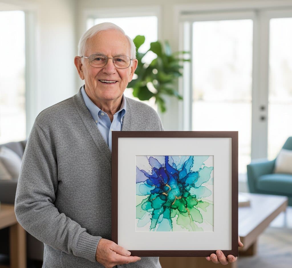 Smiling senior man in gray cardigan sweater and light blue collared shirt holds Mahogany Picture Frame with white mat displaying stunning alcohol ink abstract art featuring radiating starburst pattern in deep cobalt blue, vibrant turquoise, emerald green, and lime transitioning outward with organic fluid shapes and gold metallic accents in bright contemporary living room with floor-to-ceiling windows and potted fiddle leaf fig demonstrating timeless picture framing for modern abstract artwork and meaningful personal art collection with warm espresso wood grain finish