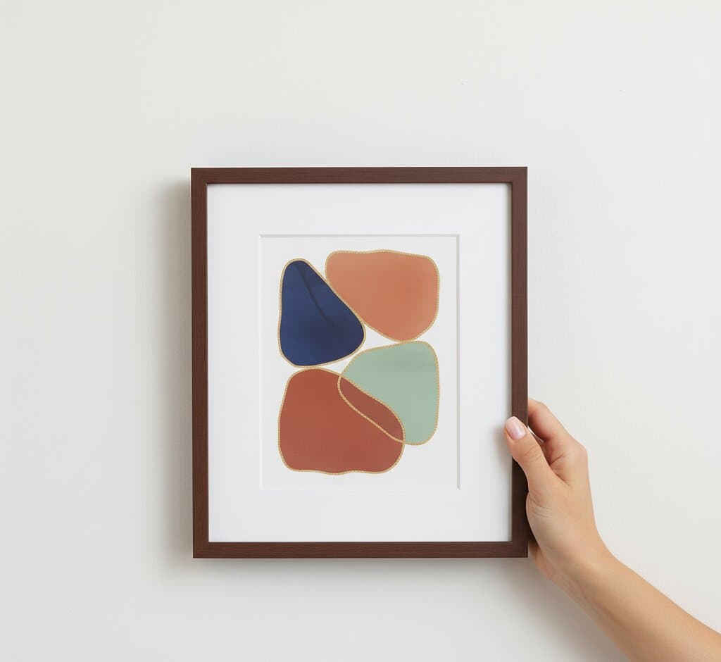 Hand holding small Mahogany Picture Frame with generous white mat displaying minimalist modern abstract art featuring four organic rounded shapes in navy blue, terracotta orange, sage green, and coral outlined with elegant gold borders on soft white background in dramatic diagonal shadow lighting demonstrating clean contemporary picture framing for small-scale geometric abstract prints and modern minimalist artwork with rich espresso wood finish built for intimate gallery walls
