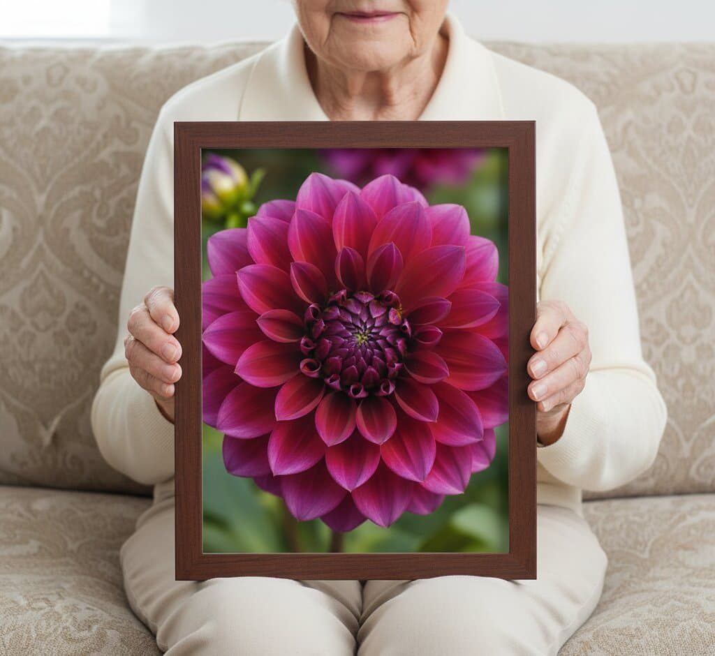 Smiling senior woman in cream cable-knit cardigan sitting on beige damask sofa holds Mahogany Picture Frame displaying stunning macro botanical photography of deep magenta fuchsia dahlia flower with perfectly layered pointed petals radiating from golden center against soft green bokeh garden background demonstrating elegant picture framing for fine art nature photography and vibrant floral macro images with classic espresso wood grain finish tailored for cherished botanical artwork and garden photography