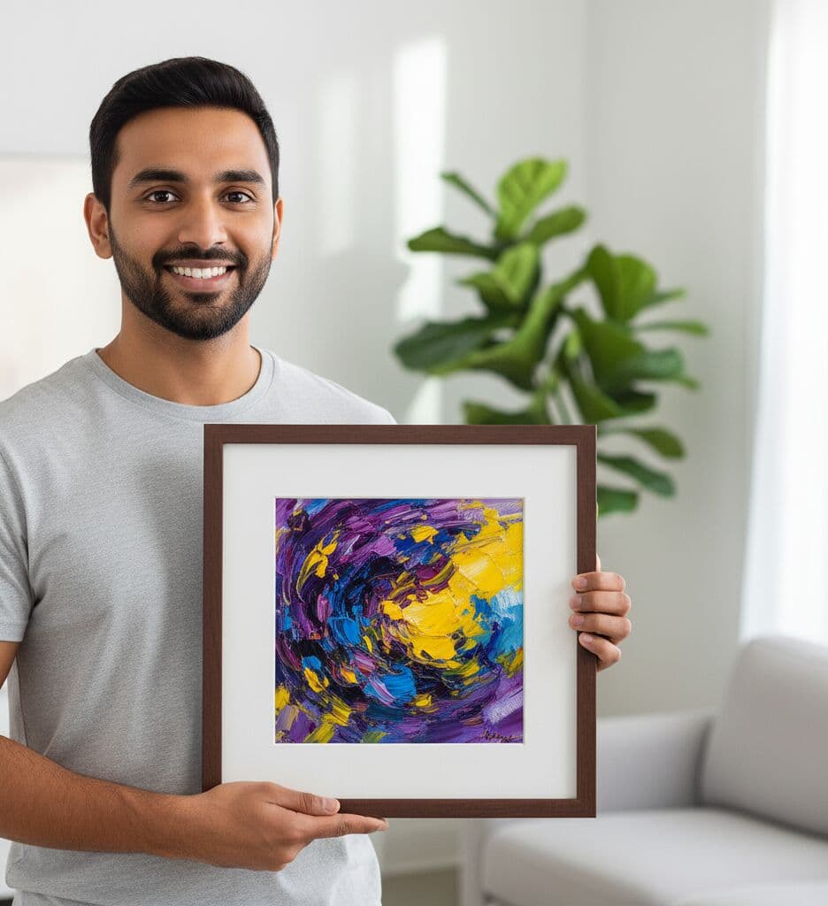 Man holding Mahogany Picture frame with white mat board showcasing vibrant abstract art print in contemporary home setting