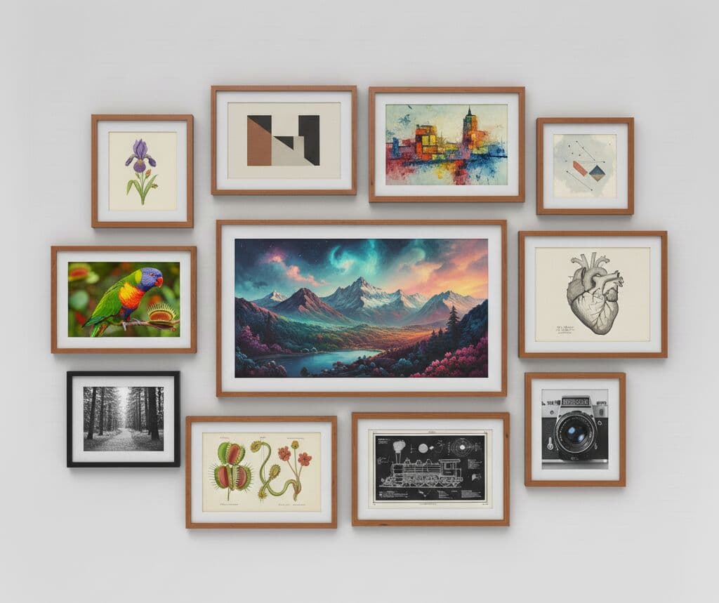 Collage wall arrangement featuring mixed genre artwork in dark Mahogany Picture frames creating eclectic gallery display