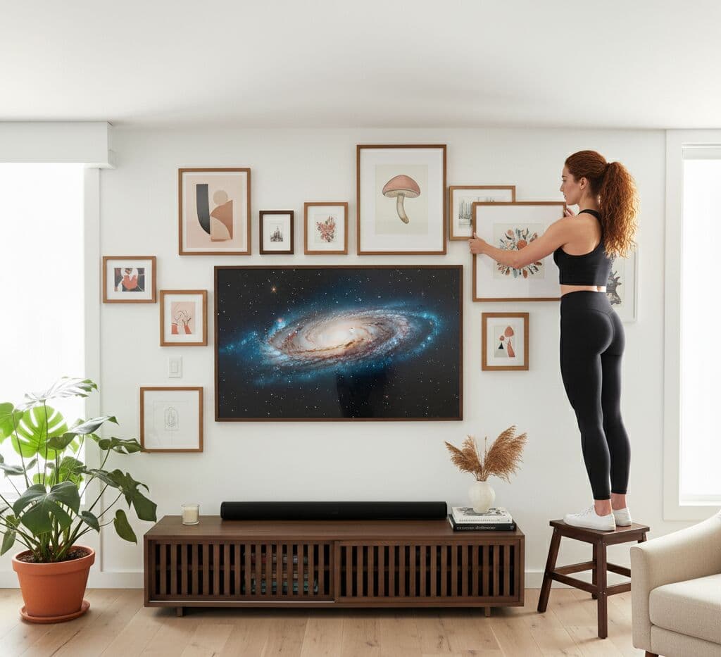 Athletic woman assembling sophisticated collage wall using multiple Mahogany Picture frames for coordinated gallery arrangement