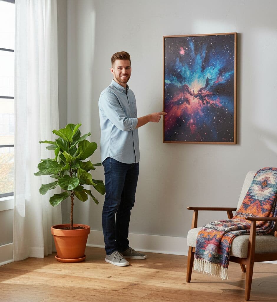 Man presenting dramatic outer space painting in rich Mahogany Picture frame a strong choice for astronomy and celestial artwork