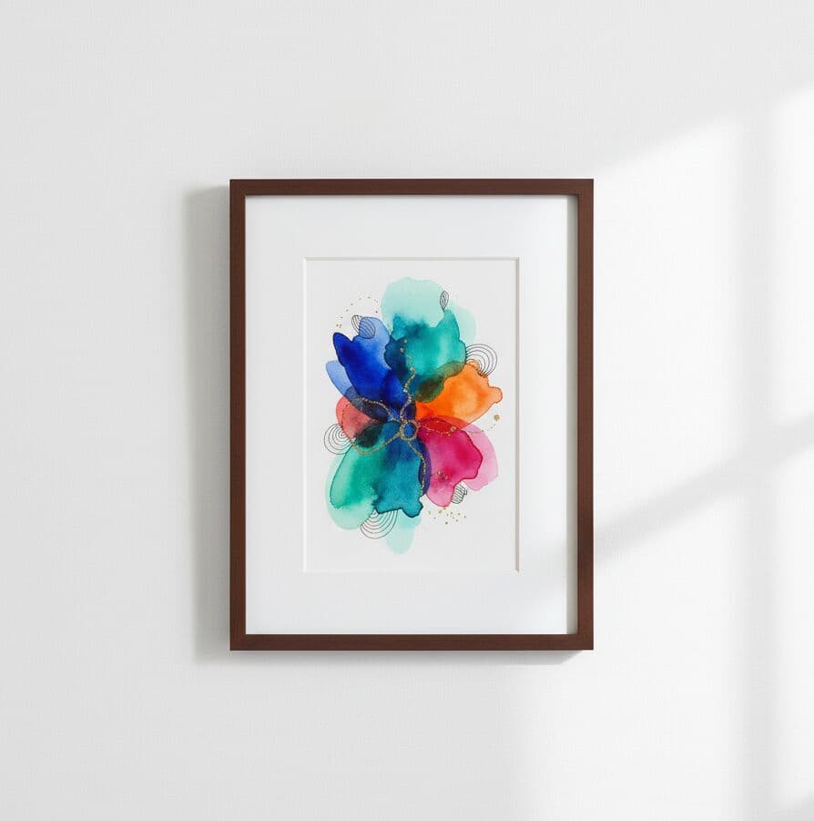 Abstract art displayed in Mahogany Picture frame with natural window light creating subtle shadows across warm wood finish