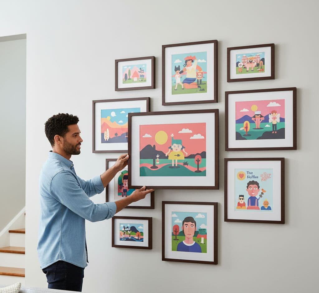 Man hanging collage wall of Mahogany Picture frames containing colorful children's art creating playful family gallery display