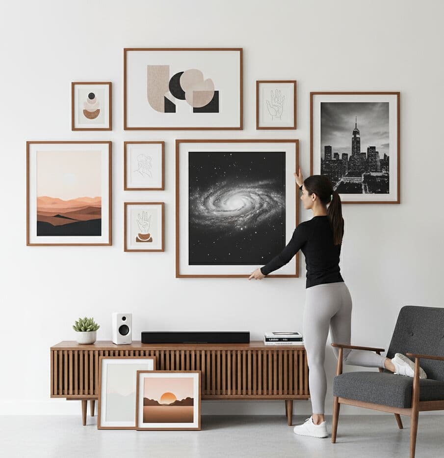 Woman arranging collage wall of Mahogany Picture frames in carefully planned gallery configuration for curated home display