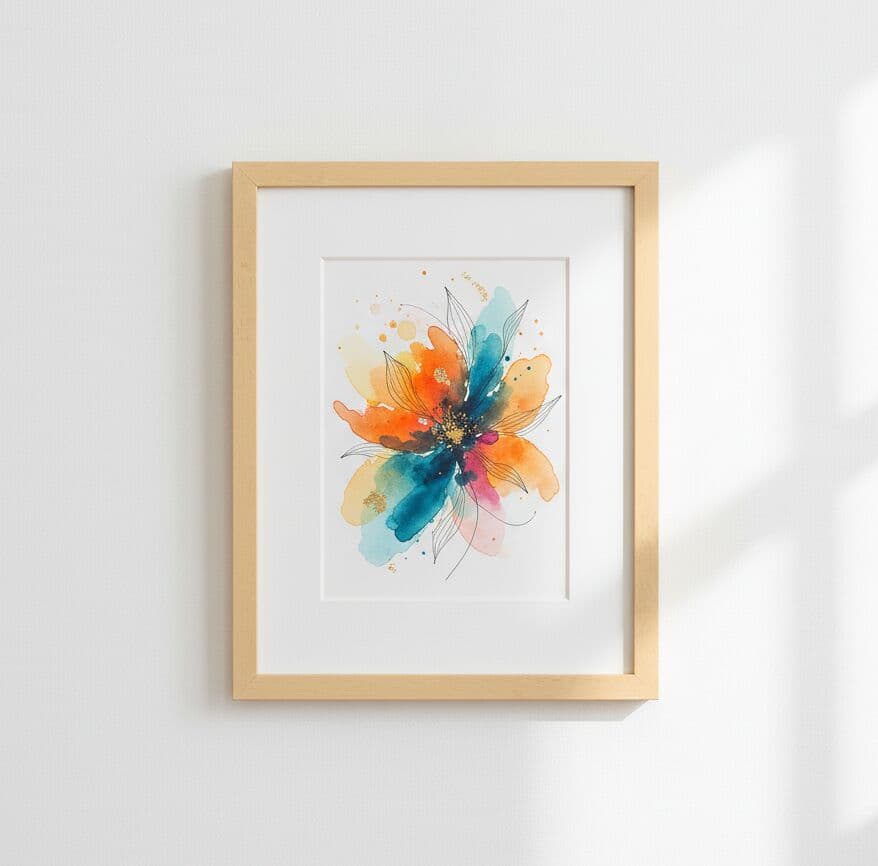 Single Natural Wood frame displays colorful watercolor flower artwork with blue orange and yellow tones hanging on white wall lit by natural sunlight