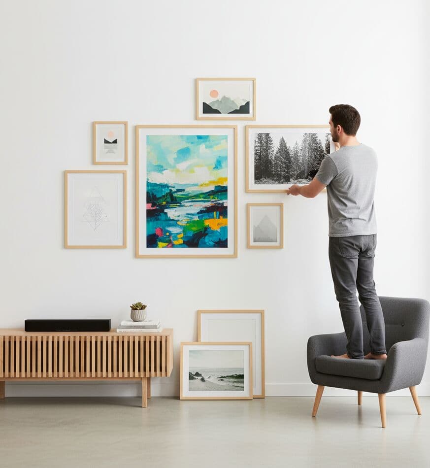 Man stands on gray chair arranging wall gallery of Natural Wood Frame framed artwork including abstract paintings photographs and geometric prints in minimalist living space
