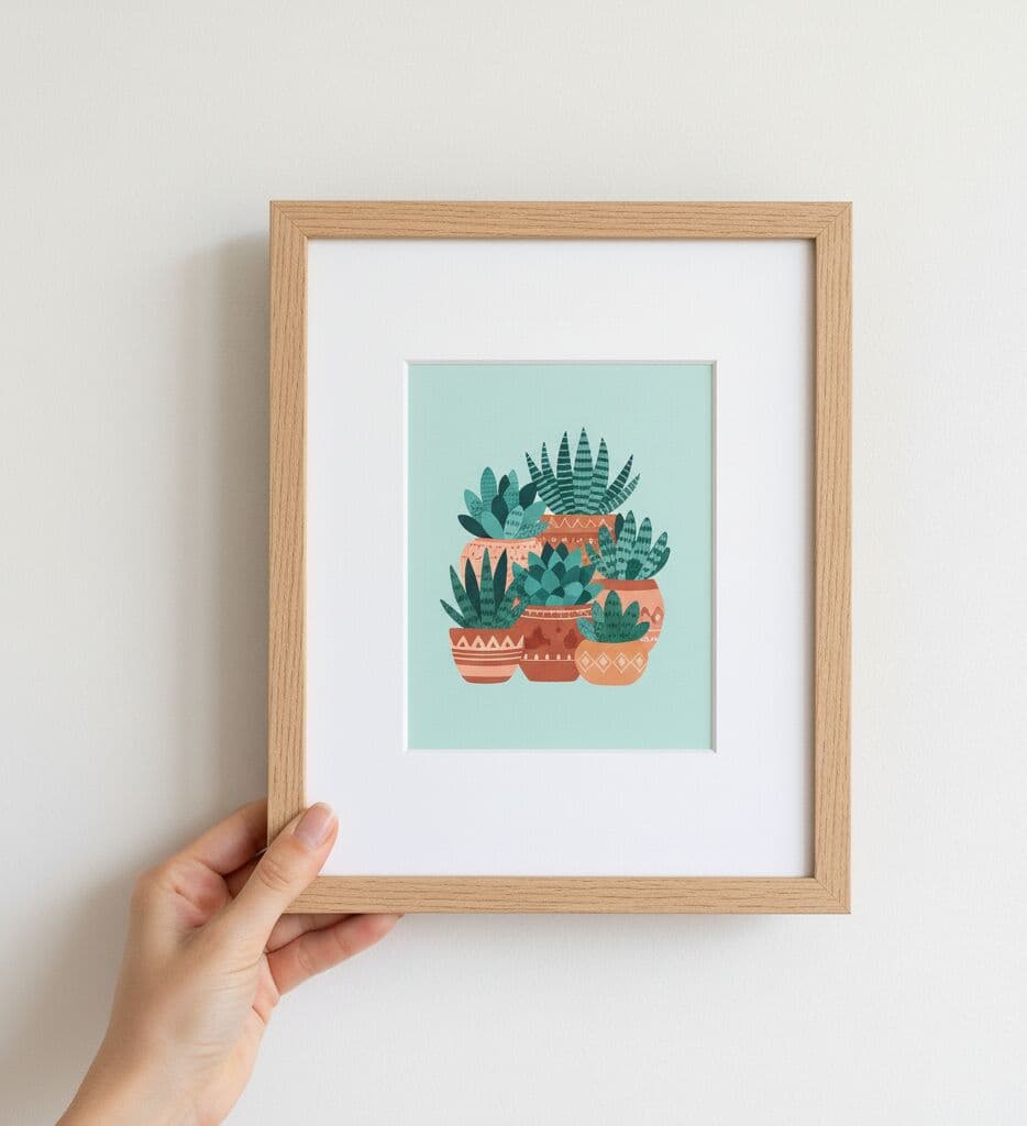Hand holds small Natural Wood frame displaying illustration of potted succulents with teal leaves on light aqua background