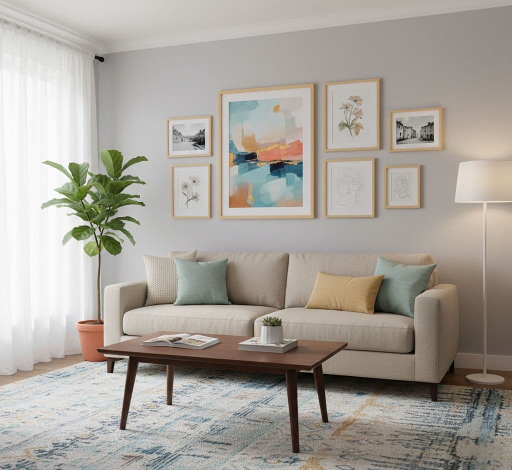 Modern living room with beige sofa and plant features symmetrical gallery wall of Natural Wood Frame framed abstract and botanical artwork