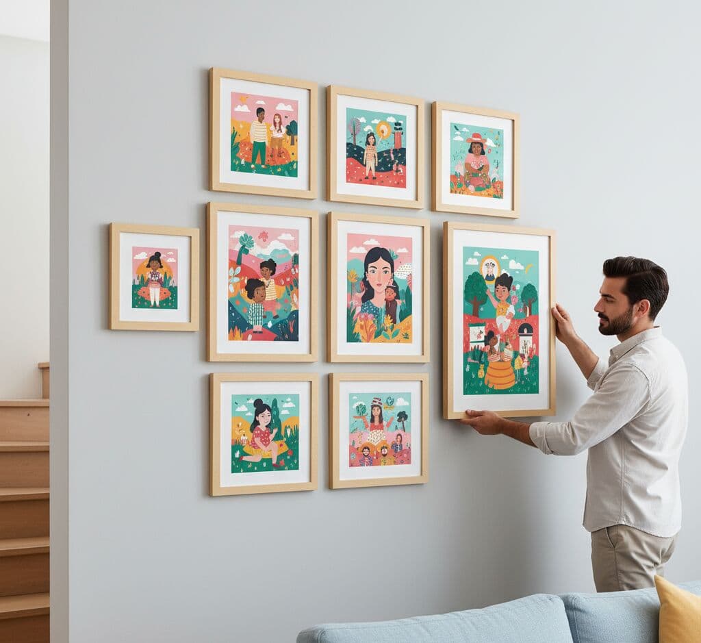 Man arranges grid of colorful illustrated portraits and scenes in matching Natural Wood frames on gray wall near staircase