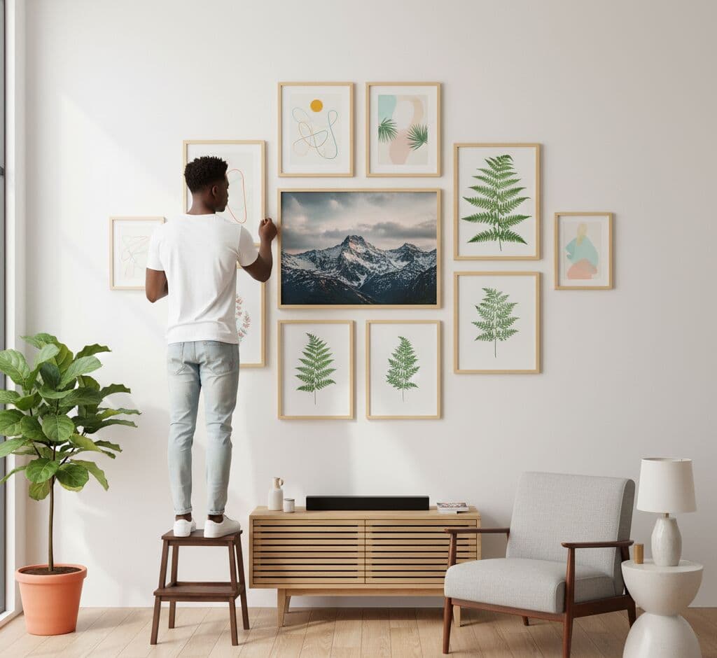 Man stands on stool adjusting gallery wall of Natural Wood Frame framed art prints featuring botanical leaves abstract shapes and mountain landscape in bright modern room