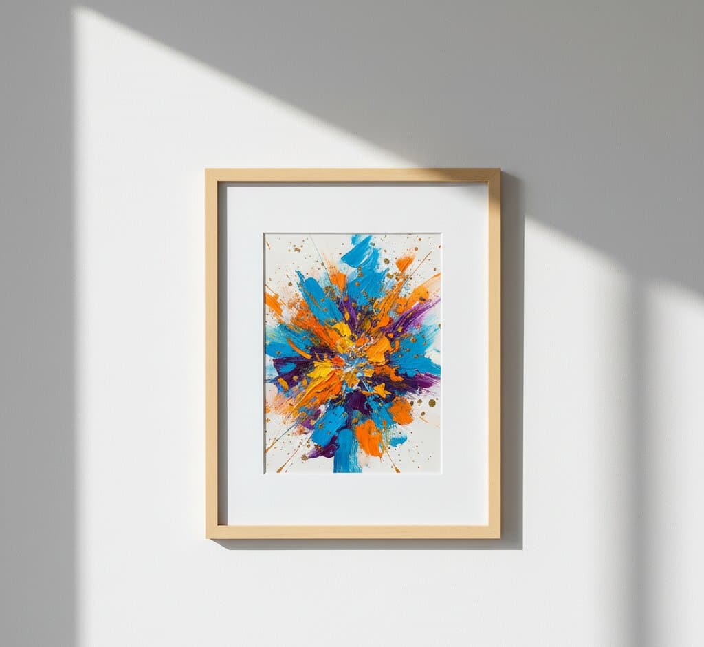 Natural Wood Frame with generous white mat displaying explosive abstract expressionist painting featuring radiating turquoise, bright orange, deep purple, and golden yellow paint splatters with metallic gold speckles bursting from center on white background in dramatic diagonal shadow lighting against minimalist white wall demonstrating clean Scandinavian-inspired picture framing for contemporary acrylic splatter art with pale natural wood grain finish