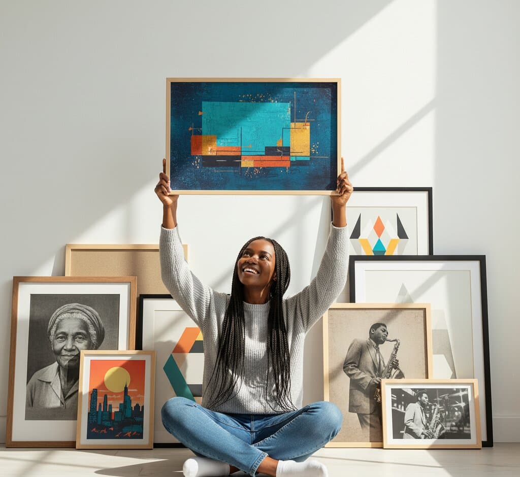 Joyful woman with long braided hair sitting cross-legged on floor holds Natural Wood Frame overhead displaying modern geometric abstract art with overlapping turquoise, golden yellow, and terracotta orange rectangles on deep navy blue textured background surrounded by diverse art collection leaning against wall including monochrome elderly portrait photography, vibrant cityscape silhouette poster, vintage jazz musician saxophone performance photos, and colorful geometric triangle prints in bright contemporary room with dramatic diagonal sunlight demonstrating light natural wood picture frame styling for contemporary geometric artwork and eclectic personal art collections