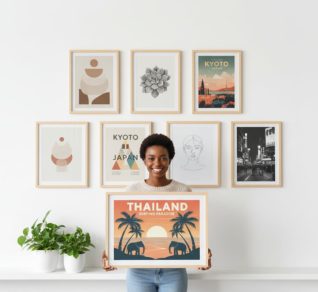 Smiling woman in cream textured sweater holds large Natural Wood Frame displaying vintage Thailand Surfing Paradise retro travel poster featuring navy blue elephant silhouettes beneath palm trees against peach and coral ocean sunset with golden sun in front of coordinated gallery wall of seven picture frames featuring minimalist geometric stacked circles in coral and olive, detailed monochrome succulent botanical illustration, vintage Kyoto Japan city poster with temple pagoda and turquoise sky, simple face line drawing portrait, and black and white Japanese street photography with white potted plants on shelf demonstrating versatile natural wood framing for retro travel posters and diverse gallery wall collections in minimalist Scandinavian-inspired interiors