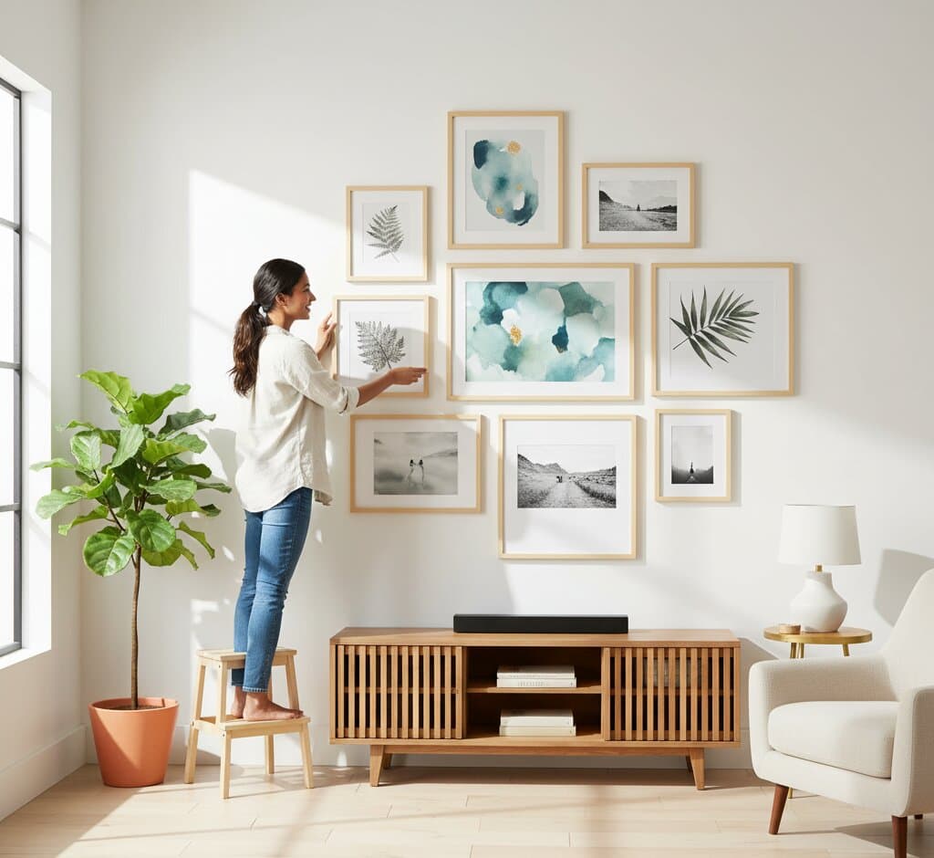 Woman standing on natural wood stool arranging expansive asymmetric gallery wall of ten Natural Wood Frame above mid-century modern media console featuring delicate fern botanical illustrations, soft watercolor abstract florals in turquoise and gold with organic shapes, dramatic palm frond botanical in black silhouette, vintage black and white landscape photography of lone figure on beach and couples wading in water, and solitary lighthouse on coastal hillside in bright contemporary living room with floor-to-ceiling windows and large fiddle leaf fig plant demonstrating professional gallery wall design with pale natural wood frames for botanical prints and nature photography in bright minimalist spaces