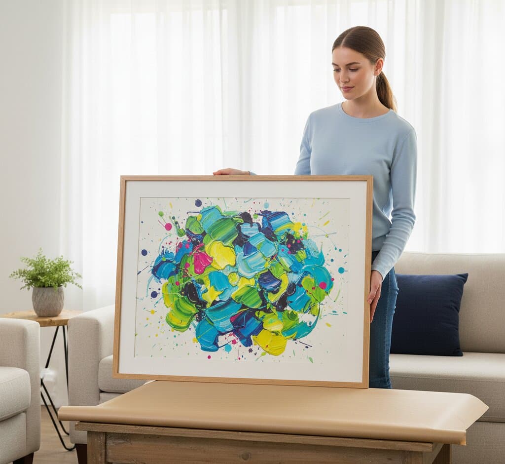 Woman in powder blue sweater examining large Natural Wood Frame with generous white mat displaying spectacular abstract expressionist painting featuring vibrant lime green, emerald, turquoise, cobalt blue, sunshine yellow, hot pink, and magenta paint in organic swirling shapes with energetic brushstrokes on soft white background in bright minimalist living room with beige sofa and navy pillows demonstrating professional picture framing for contemporary fluid art and vibrant abstract paintings with clean pale natural wood finish a natural fit for modern Scandinavian-inspired interiors