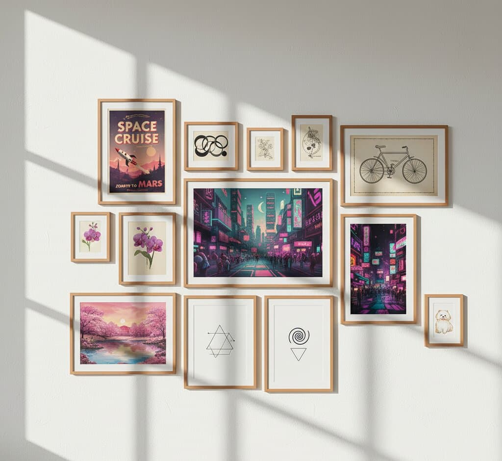 Sophisticated expansive asymmetric gallery wall of fourteen Natural Wood Frame featuring vintage Space Cruise Journey to Mars retro travel poster with rocket and purple sunset as centerpiece, vibrant Neo-Tokyo cyberpunk city street art in hot pink and turquoise neon with crowds and skyscrapers, dreamy pink cherry blossom tree landscape with turquoise river reflection, delicate purple orchid botanical illustrations, minimalist geometric triangle and spiral line art, vintage bicycle technical diagram with measurements, and whimsical shaggy dog portrait illustration in dramatic diagonal shadow lighting demonstrating versatile pale wood picture frame styling for eclectic art collections mixing vintage posters, contemporary digital art, botanical prints, and minimalist geometric designs