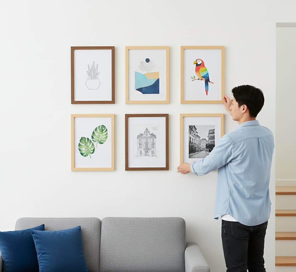 Man in light blue chambray shirt pointing to coordinated gallery wall of six picture frames mixing Natural Wood Frame and brown wood frames displaying colorful tropical parrot with red yellow and blue plumage perched on branch, minimalist geometric abstract with layered navy and turquoise mountain shapes beneath charcoal sun, vibrant watercolor monstera leaf botanical in emerald green, detailed European architectural building facade sketch, and vintage black and white cobblestone street cityscape photography above gray sofa with navy pillows demonstrating mixed frame styling for tropical botanicals, minimalist geometric art, and architectural sketches in contemporary living spaces