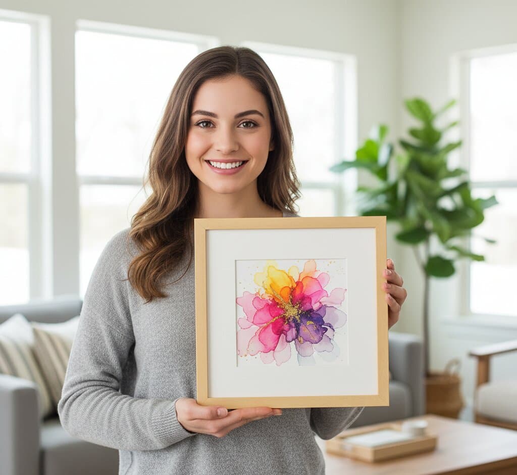 Smiling woman in gray cable-knit sweater holds Natural Wood Frame with generous white mat displaying delicate watercolor flower illustration with soft pink, coral orange, sunshine yellow, and deep purple petals radiating from golden metallic center with paint splatters on white background in bright contemporary living room with floor-to-ceiling windows and potted fiddle leaf fig demonstrating elegant picture framing for watercolor botanical artwork and floral illustrations with clean pale natural wood grain finish made for bright modern spaces and Scandinavian-inspired interiors