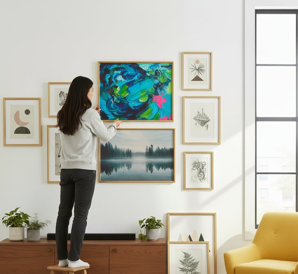 Woman standing on wooden stool arranging expansive asymmetric gallery wall of eleven Natural Wood Frame above mid-century modern media console featuring spectacular abstract fluid art painting with swirling turquoise, navy, lime green, and hot pink organic shapes as centerpiece, serene misty forest lake landscape with evergreen tree reflections, minimalist geometric moon crescent and circle art in coral and charcoal, delicate fern botanical illustrations, fantasy floating castle island pen and ink sketch, and whimsical dragon serpent line drawing with potted plants on console in bright contemporary living room with golden mustard accent chair and floor-to-ceiling industrial grid windows demonstrating professional gallery wall design with pale natural wood frames for mixed media artwork