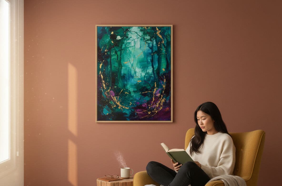 Woman with long dark hair in cream sweater reading book while sitting cross-legged in golden yellow mid-century armchair with Natural Wood Frame displaying mystical emerald forest abstract painting with turquoise trees, purple accents, and gold metallic highlights on warm terracotta pink wall in cozy reading nook with natural window light, white coffee mug, and round wood side table demonstrating pale natural wood finish for enchanted forest artwork and contemporary abstract paintings in warm intimate living spaces