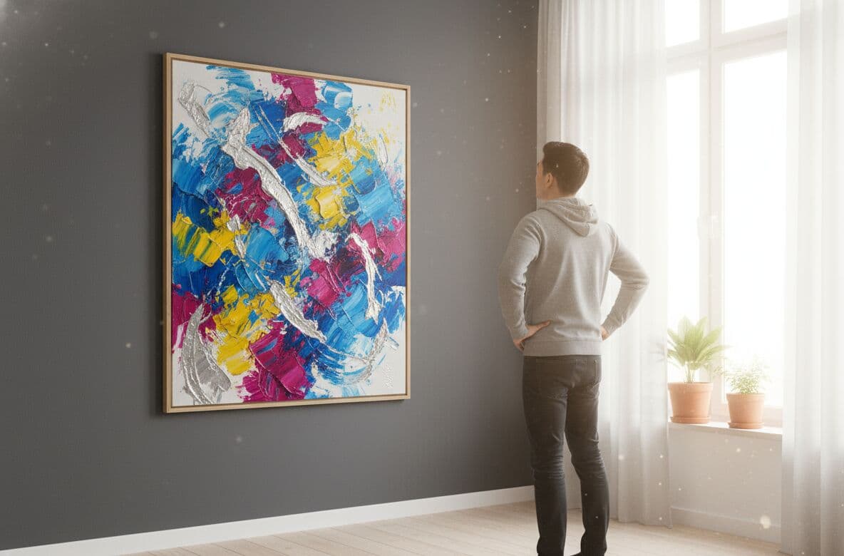 Man in beige hoodie contemplating large Natural Wood Frame displaying vibrant abstract expressionist painting with explosive magenta pink, cobalt blue, sunshine yellow, and white brushstrokes in energetic gestural composition on sophisticated charcoal gray wall in minimalist modern living room with natural light from tall windows and potted plant on white shelf demonstrating clean pale natural wood grain finish for contemporary abstract art and bold colorful paintings in modern masculine interiors