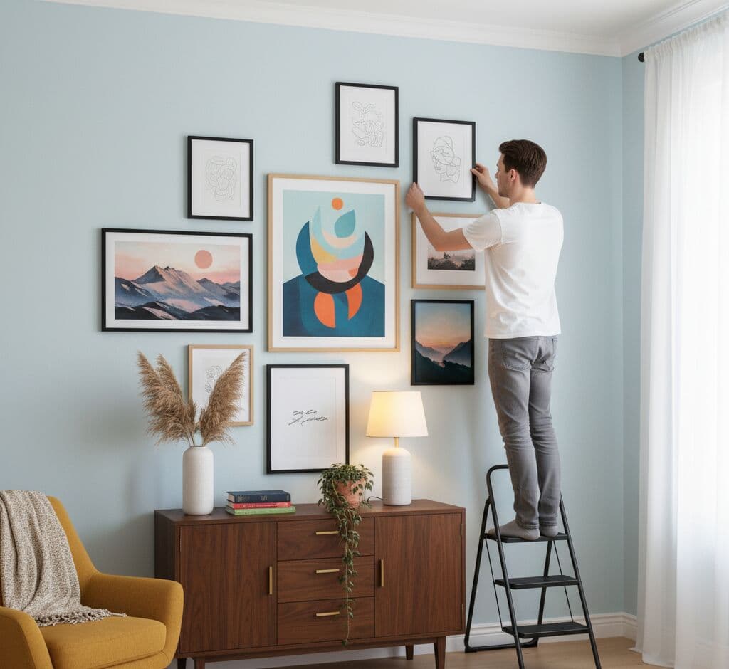 Man on black ladder arranging sophisticated asymmetric gallery wall mixing Natural Wood Frame and black picture frames featuring geometric abstract art with layered navy teal and orange circles as centerpiece, minimalist mountain landscape with pink sunrise, continuous line drawing female portraits, black and white moody sunset ocean photograph, pampas grass botanical in white vase, and inspirational quote calligraphy above walnut mid-century modern credenza with yellow armchair, books, table lamp, and trailing ivy plant in contemporary living room with soft blue-gray walls and white curtains demonstrating mixed frame styling for modern eclectic gallery walls