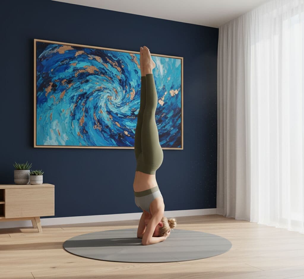 Woman in olive green athletic wear performing forearm stand headstand yoga pose on gray round mat in serene modern home yoga studio with dramatic Natural Wood Frame displaying vibrant turquoise and gold abstract swirl fluid art painting with copper metallic accents alongside smaller coastal seascape on sophisticated navy blue accent wall with white sheer curtains, modern credenza, and succulent plants demonstrating pale natural wood finish for wellness spaces and yoga rooms with contemporary abstract artwork