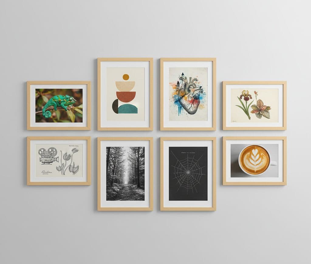 Eight Natural Wood frames form gallery wall displaying assorted artwork including nature photos abstract designs heart illustration and coffee image
