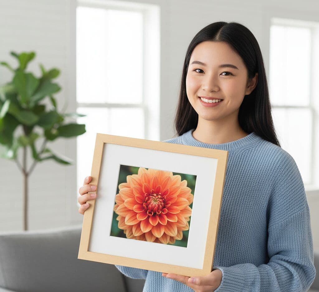 Person in light blue sweater smiling while holding Natural Wood frame featuring close-up photograph of orange flower with green background