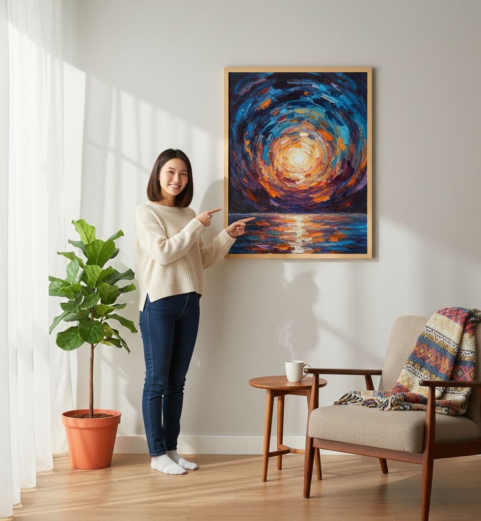 Person in cream sweater stands in modern living room pointing to large Natural Wood Frame framed abstract painting with swirling blue orange and yellow colors