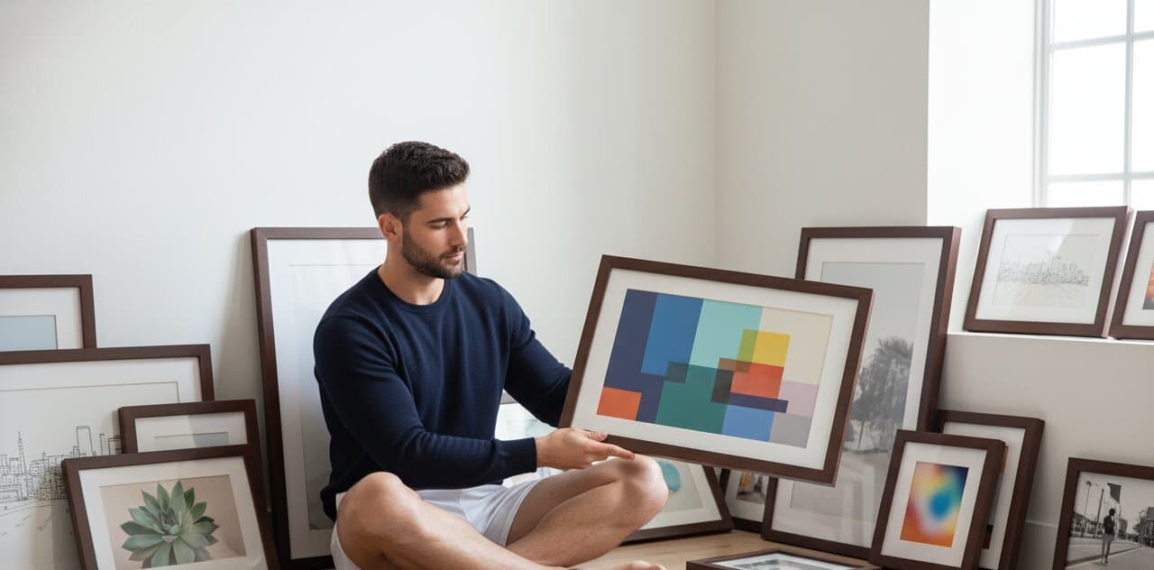 Gallery wall of brown wood picture frames featuring a mix of art prints including Starry Night botanical illustrations geometric art and animal drawings styled in a modern living room