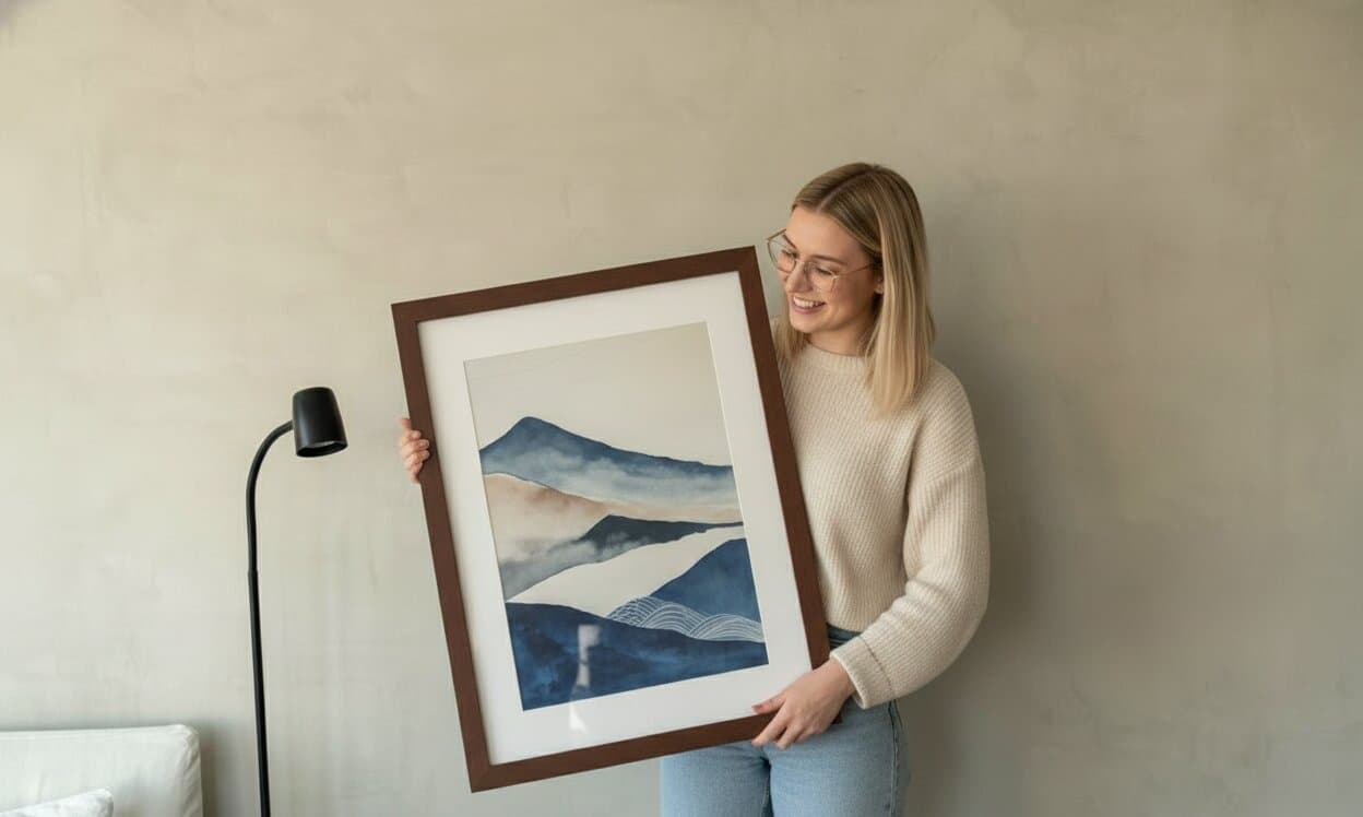 Smiling woman in beige sweater holding large framed watercolor painting of blue and tan mountains in minimalist modern home interior