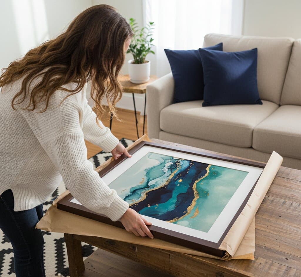 Woman carefully unwrapping brown wood frame containing abstract teal and navy painting on rustic wooden coffee table in bright living room