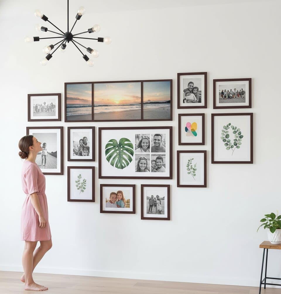 Woman in pink dress admiring large gallery wall of brown wood frames displaying family photos greenery prints and panoramic beach sunset