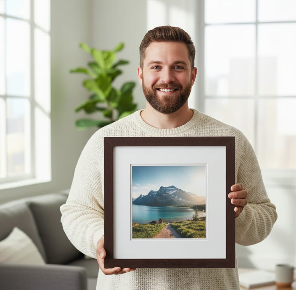 Man in cream sweater holding square brown wood picture frame featuring bright landscape photograph of mountain lake scene