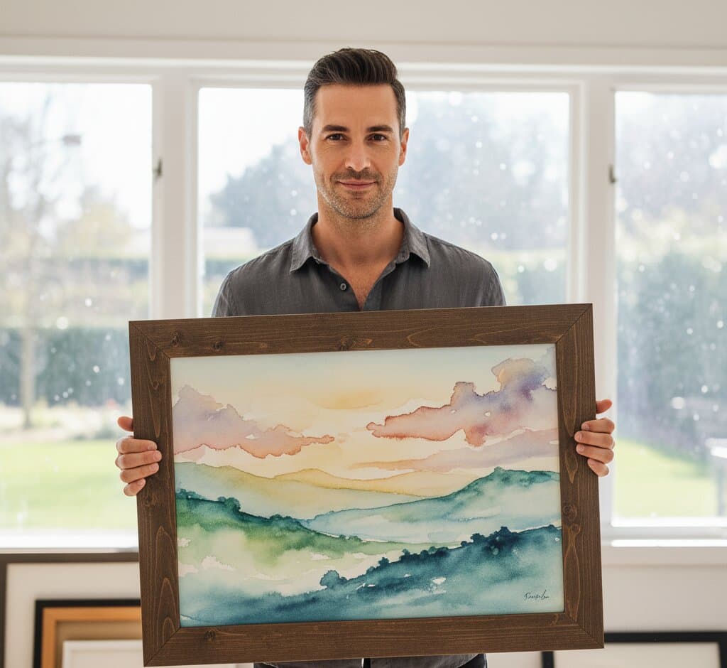 Man in dark shirt holding watercolor landscape painting with soft blue and green mountain layers in brown wood frame with white mat in bright room with large windows