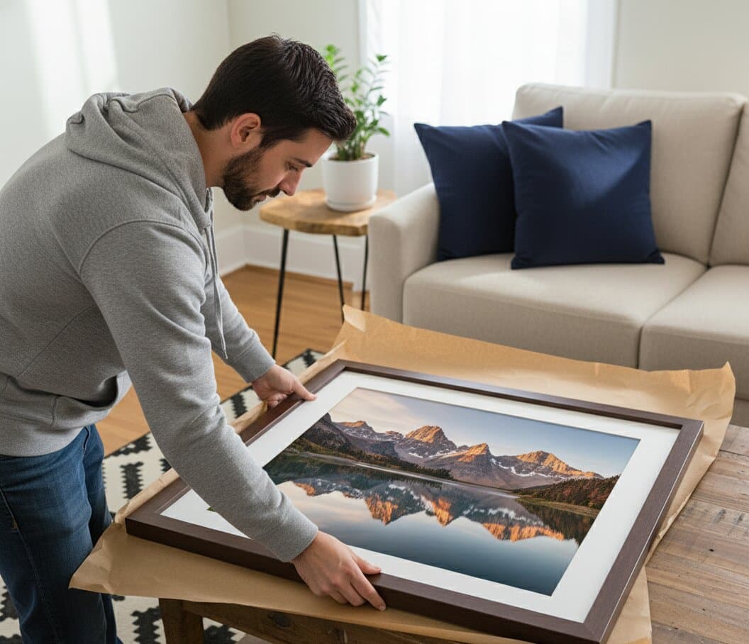 Man carefully unpacking large framed photograph of mountain lake reflection from cardboard box on wooden coffee table in modern living room with brown wood frame