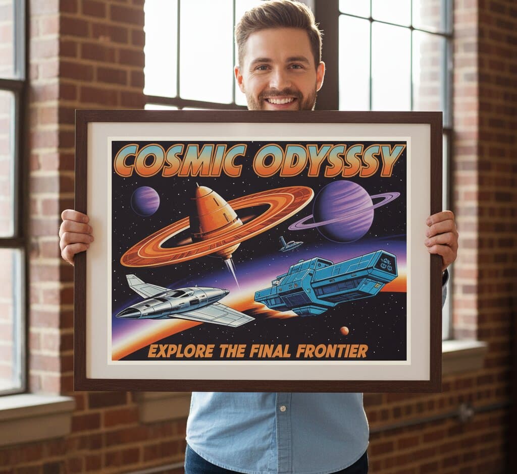 Smiling man in denim shirt holding large retro space poster Cosmic Odyssey with planets and spaceships in brown wood frame with white mat in industrial loft with exposed brick