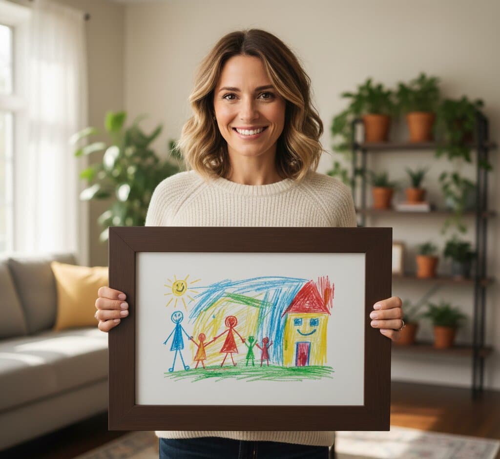 Woman in cream sweater holding framed children's crayon drawing of happy house with family stick figures and sun in brown wood frame with white mat