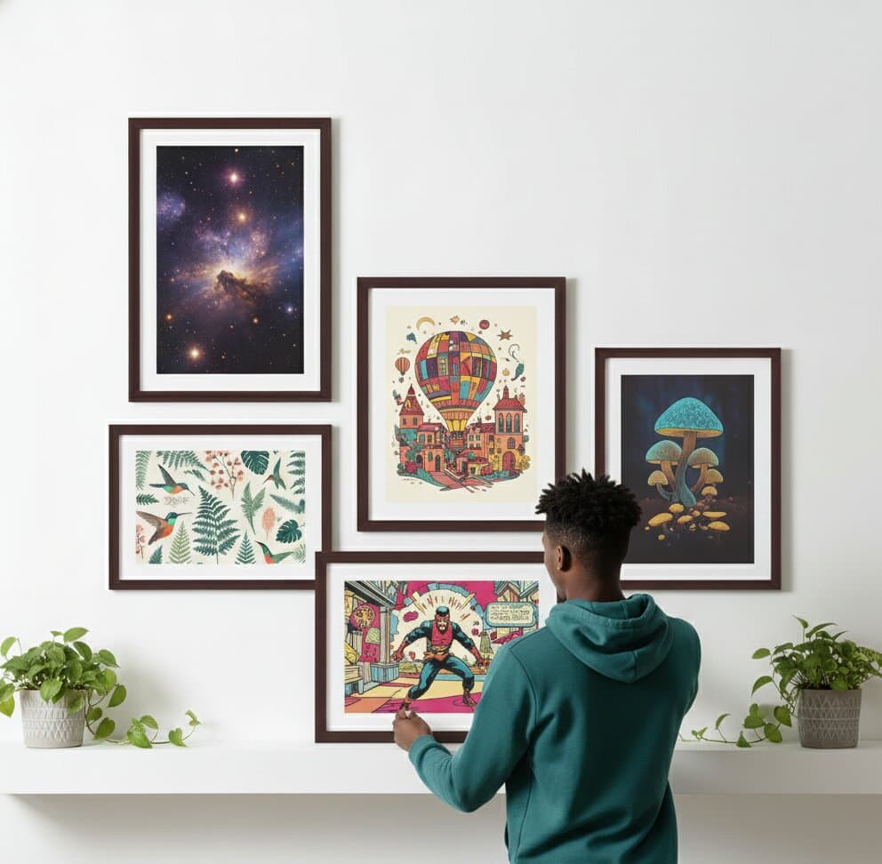 Young person in teal hoodie arranging eclectic gallery wall featuring cosmic nebula fantasy hot air balloon mushroom art and comic book illustration all in matching brown wood frames
