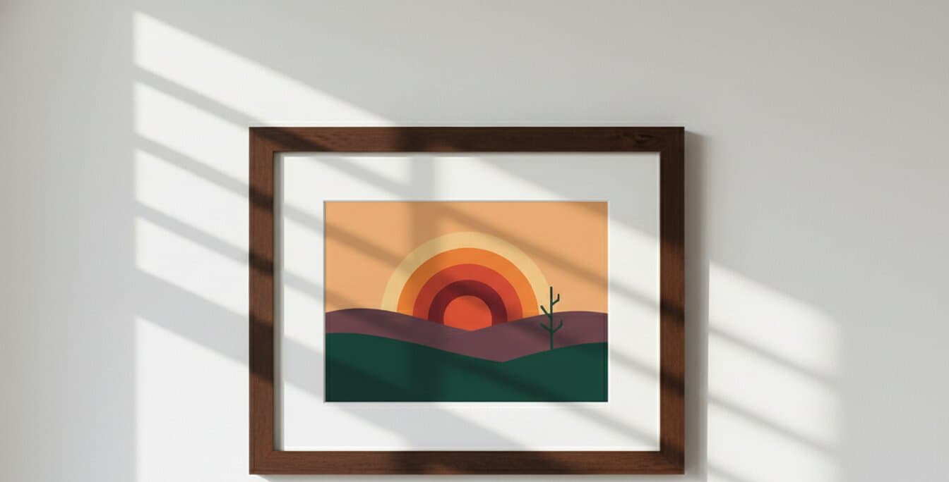 Modern minimalist artwork featuring geometric sunset with layered rainbow circles and silhouette tree on white wall in brown wood frame with dramatic window light shadows