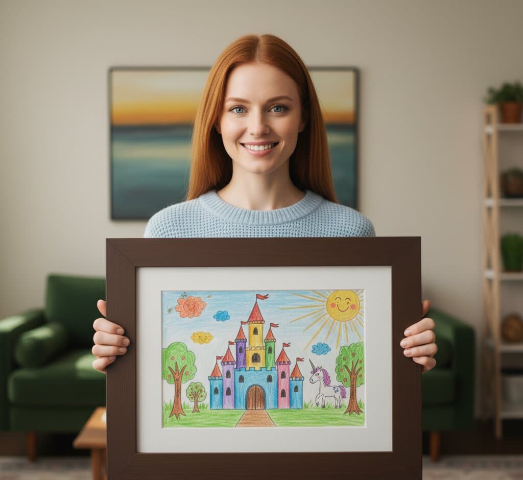 Woman in light blue sweater holding framed children's crayon drawing of colorful castle with princess and unicorn in brown wood frame with white professional mat