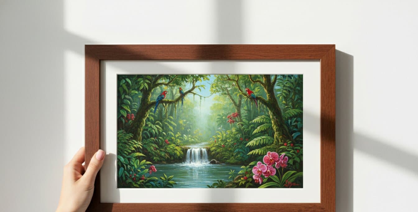 Hand holding tropical jungle waterfall painting with vibrant green foliage pink orchids and colorful parrots in brown wood frame with white mat with dramatic window light